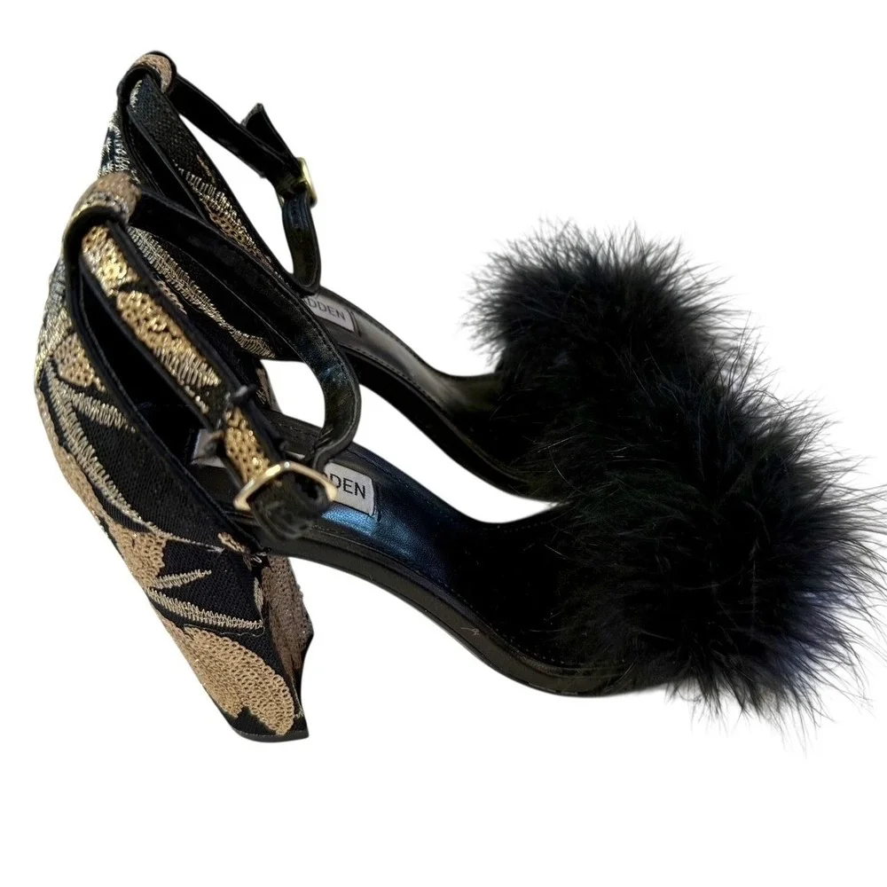 Steve Madden Carabu Black Chunky Heel Gold Floral Feathers  Wm's Size 7.5 - Picture 7 of 9